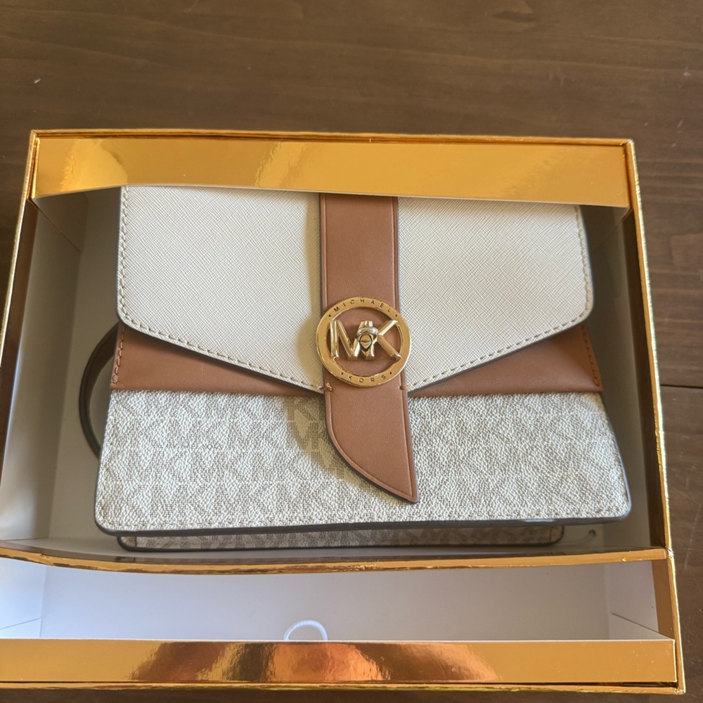 Michael Kors White and Tan Crossbody with Gold MK Emblem